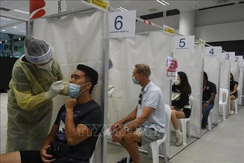 Nhân viên y tế lấy mẫu xét nghiệm Covid-19 cho người dân tại Singapore. (Ảnh tư liệu: THX/TTXVN)