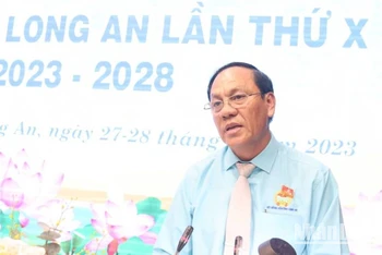 Chủ tịch Hội Nông dân tỉnh Long An Lê Văn Hùng phát biểu khai mạc Đại hội. 