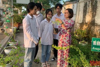 Cô giáo Vũ Thị Mai chuyển tải kiến thức thông qua các bài giảng thực tế tại vườn thực nghiệm trong trường Trung học phổ thông Đông Thụy Anh (huyện Thái Thụy, tỉnh Thái Bình)
