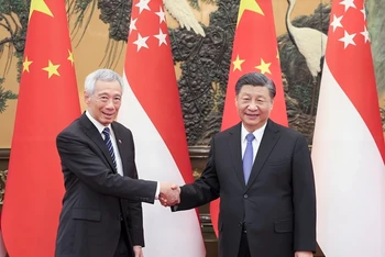Chủ tịch Trung Quốc Tập Cận Bình (phải) tiếp Thủ tướng Singapore Lý Hiển Long. (Ảnh: Tân Hoa Xã)