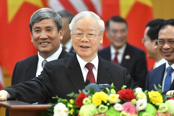 Tổng Bí thư Nguyễn Phú Trọng phát biểu tại cuộc họp báo chung với Tổng thống Hoa Kỳ Joe Biden. (Ảnh: ĐĂNG KHOA)
