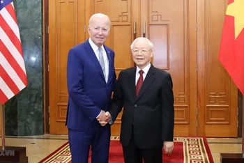 Tổng Bí thư Nguyễn Phú Trọng và Tổng thống Hoa Kỳ Joe Biden trước khi tiến hành hội đàm, chiều 10/9/2023. (Ảnh: TTXVN)
