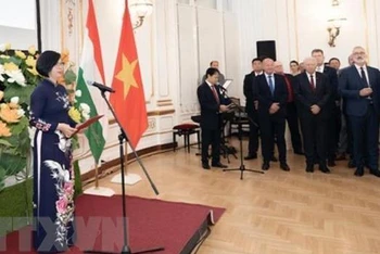 Đại sứ Việt Nam tại Hungary Nguyễn Thị Bích Thảo phát biểu khai mạc. (Ảnh: TTXVN)