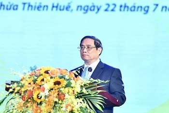 Thủ tướng Phạm Minh Chính phát biểu tại Hội nghị biểu dương người có công tiêu biểu toàn quốc năm 2023. (Ảnh: ĐĂNG KHOA)