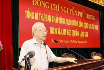 Tổng Bí thư Nguyễn Phú Trọng phát biểu tại buổi làm việc. (Ảnh: TTXVN)