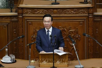 Chủ tịch nước Võ Văn Thưởng phát biểu trước Quốc hội Nhật Bản. (Ảnh: TTXVN)
