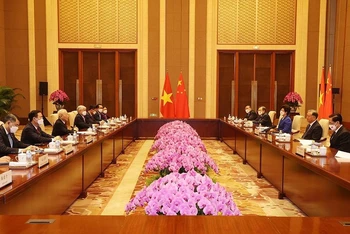 Tổng Bí thư Nguyễn Phú Trọng hội kiến Chủ tịch Chính hiệp toàn quốc Trung Quốc Uông Dương. (Ảnh TTXVN)