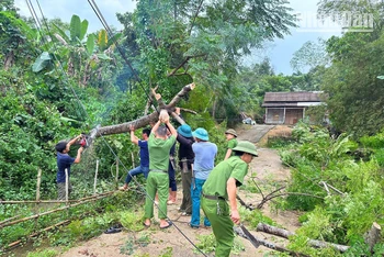 Công an huyện Lục Yên (Yên Bái) tham gia sửa chữa nhà cho dân do bị bão số 3 thổi tốc mái.