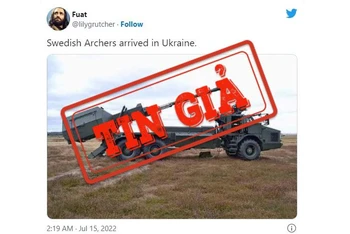 Bức ảnh chụp hệ thống pháo binh Archer của Thụy Điển được đăng tải với dòng chú thích sai sự thật trên mạng xã hội Twitter. (Ảnh chụp màn hình)