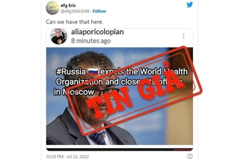 Một người dùng Twitter chia sẻ lại bài đăng đưa tin sai sự thật về các văn phòng đại diện của WHO tại Nga. (Ảnh chụp màn hình)