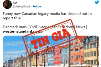 Ảnh chụp màn hình một bài đăng trên Twitter chia sẻ bài báo đưa tin sai lệch về việc dừng tiêm vaccine cho trẻ em ở Đan Mạch.