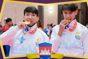 Kongmona Mithora và Touch Pikada giành Huy chương Vàng biểu diễn jujitsu cho Campuchia tại SEA Games 32 ngày 6/5/2023. (Ảnh: Cambodia2023)