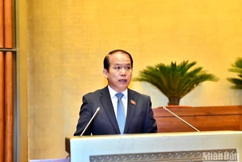 Chủ nhiệm Ủy ban Pháp luật của Quốc hội Hoàng Thanh Tùng trình bày Tờ trình tại phiên họp sáng 23/5. (Ảnh: ĐĂNG KHOA)