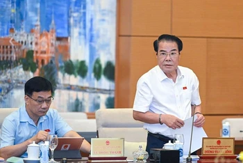 Trưởng Ban Dân nguyện Dương Thanh Bình trình bày báo cáo công tác dân nguyện của Quốc hội tháng 5 và tháng 6/2023. (Ảnh: DUY LINH)