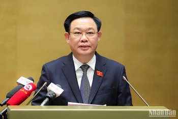 Chủ tịch Quốc hội Vương Đình Huệ phát biểu kết luận Diễn đàn Người lao động năm 2023. (Ảnh: DUY LINH)
