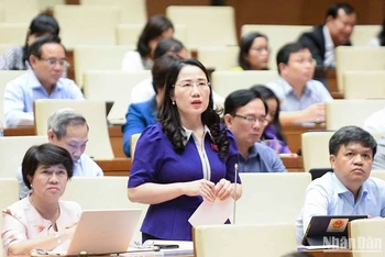 Đại biểu Quốc hội Nguyễn Thị Thủy góp ý kiến vào dự án Luật Tài nguyên nước (sửa đổi). (Ảnh: DUY LINH)