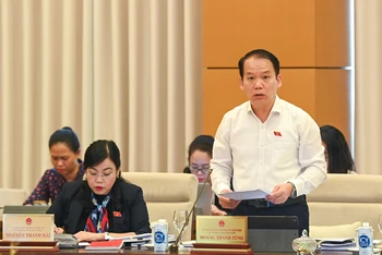 Chủ nhiệm Ủy ban Pháp luật Hoàng Thanh Tùng - Phó Trưởng Đoàn Thường trực Đoàn Giám sát báo cáo tại phiên họp. (Ảnh: DUY LINH)