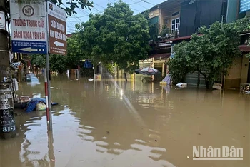 Một tuyến phố của thành phố Yên Bái bị ngập sâu trong nước.