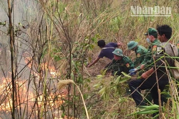 Lực lượng Bộ đội Biên phòng và người dân tham gia chữa cháy rừng tại núi bản Mạt, xã Mường Lèo, huyện biên giới Sốp Cộp, tỉnh Sơn La.