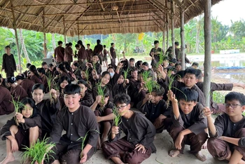 Học sinh tham gia trải nghiệm trồng lúa tại khu du lịch phức hợp giải trí Khang Thông-Happyland (Bến Lức, Long An).