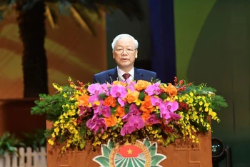 Tổng Bí thư Nguyễn Phú Trọng phát biểu tại Đại hội đại biểu toàn quốc Hội Nông dân Việt Nam lần thứ VIII. (Ảnh: ĐĂNG KHOA)