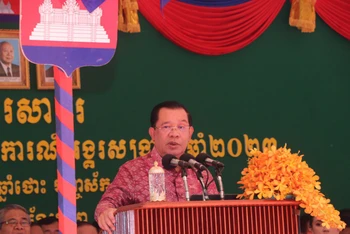 Thủ tướng Campuchia Samdech Techo Hun Sen phát biểu khai mạc sự kiện AngKor Sangkranta (Ảnh: NGUYỄN HIỆP)