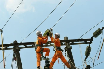 Công nhân Điện lực sửa chữa, bảo dưỡng đường dây trung thế.