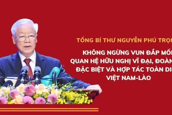 Tổng Bí thư Nguyễn Phú Trọng đọc diễn văn tại Lễ kỷ niệm 60 năm Ngày thiết lập quan hệ ngoại giao Việt Nam-Lào. (Ảnh: ĐĂNG KHOA)