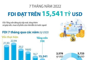 7 tháng năm 2022, FDI đạt trên 15,541 tỷ USD 