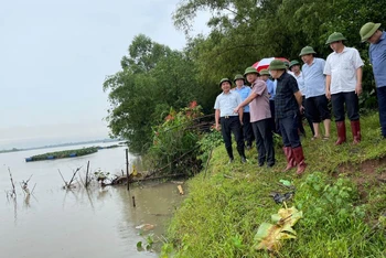 Chủ tịch Uỷ ban nhân dân tỉnh Hải Dương Triệu Thế Hùng kiểm tra điểm sạt lở kè sông Thái Bình tại huyện Thanh Hà.
