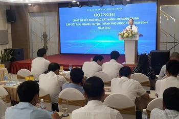 Quang cảnh Hội nghị công bố khảo sát chất lượng điều hành cấp sở, ngành và huyện, thành phố của tỉnh Thái Bình.