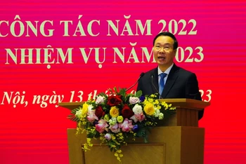 Đồng chí Võ Văn Thưởng, Ủy viên Bộ Chính trị, Thường trực Ban Bí thư dự và phát biểu chỉ đạo Hội nghị tổng kết công tác năm 2022 và triển khai nhiệm vụ công tác năm 2023 của Ban Đối ngoại Trung ương. Ảnh: dangcongsan.vn