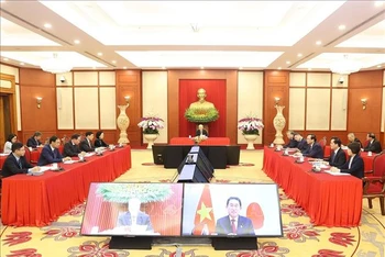 Tổng Bí thư Nguyễn Phú Trọng điện đàm với Chủ tịch Đảng Dân chủ Tự do (LDP), Thủ tướng Nhật Bản Kishida Fumio. Ảnh: TTXVN