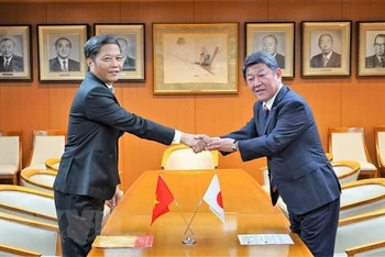 Trưởng Ban Kinh tế Trung ương Trần Tuấn Anh và Tổng thư ký LDP Motegi Toshimitsu. (Ảnh: TTXVN)