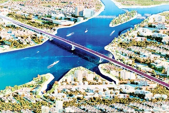 Phối cảnh cầu Lại Xuân nối huyện Thủy Nguyên (Hải Phòng) với thị xã Đông Triều (tỉnh Quảng Ninh) qua sông Đá Bạch vừa được khởi công xây dựng đầu tháng 2/2023.