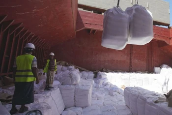 Tàu chở lúa mì Ukraine cập cảng ở Yemen. (Ảnh: WFP)