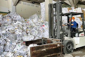 Khu vực tập kết nguyên liệu tại Công ty TNHH Giấy Xuân Mai ở Khu công nghiệp Hiệp Phước để thực hiện tái chế.