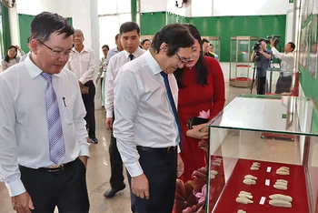 Các đại biểu xem bộ sưu tập đàn đá Bình Đa được công nhận Bảo vật quốc gia, đang lưu giữ tại Bảo tàng Đồng Nai.