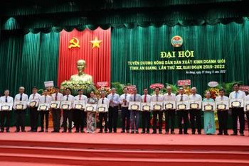 Lãnh đạo tỉnh An Giang tặng Bằng khen cho các nông dân sản xuất, kinh doanh giỏi.