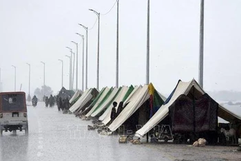 Người dân sơ tán tránh lũ ở trong các lều tạm tại Sukkur, tỉnh Sindh, Pakistan ngày 27/8/2022. (Ảnh: AFP/TTXVN)