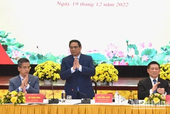 Thủ tướng Phạm Minh Chính dự Hội nghị tổng kết năm 2022, triển khai kế hoạch năm 2023 của ngành tài chính. (Ảnh: Trần Hải)