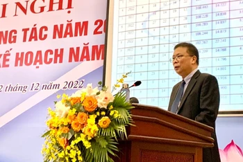 Giáo sư Châu Văn Minh, Viện trưởng Viện Hàn lâm Khoa học và Công nghệ Việt Nam phát biểu tại Hội nghị.