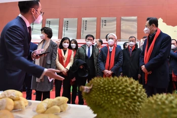 Đại sứ Phạm Sao Mai và lãnh đạo thành phố Thiên Tân tham quan các gian hàng tại Lễ hội trái cây và sầu riêng Việt Nam.