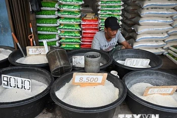 Gạo được bán tại một cửa hàng ở Jakarta, Indonesia. (Ảnh: AFP/TTXVN)
