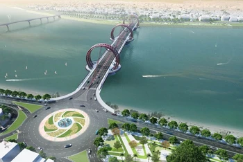 Phối cảnh phương án thiết kế cầu Trà Khúc 1 với ý tưởng "Dấu ấn sông Trà" gồm 3 vòng tròn nối tiếp nhau tạo hình tượng bờ xe nước sông Trà Khúc.