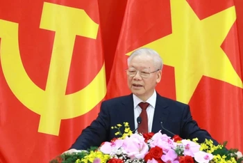 Tổng Bí thư Nguyễn Phú Trọng phát biểu tại buổi gặp gỡ nhân sĩ hữu nghị và thế hệ trẻ Việt Nam-Trung Quốc. (Ảnh: TTXVN)