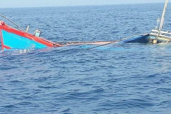 Tàu cá QNa-01160 TS bị đâm chìm trên biển.