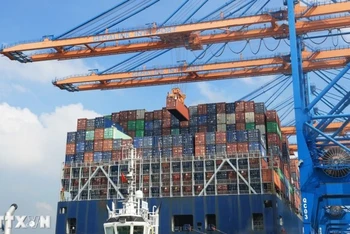 Bốc dỡ container lên tàu trọng tải 200.000DWT tại cảng quốc tế Gemalink, thị xã Phú Mỹ, tỉnh Bà Rịa-Vũng Tàu. (Ảnh: Hồng Đạt/TTXVN)