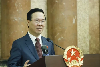 Chủ tịch nước Võ Văn Thưởng, Chủ tịch danh dự của Hội Chữ thập đỏ Việt Nam phát biểu. (Ảnh: TTXVN)