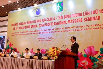 Chủ tịch Hội Người mù Việt Nam Phạm Viết Thu phát biểu tại hội thảo.